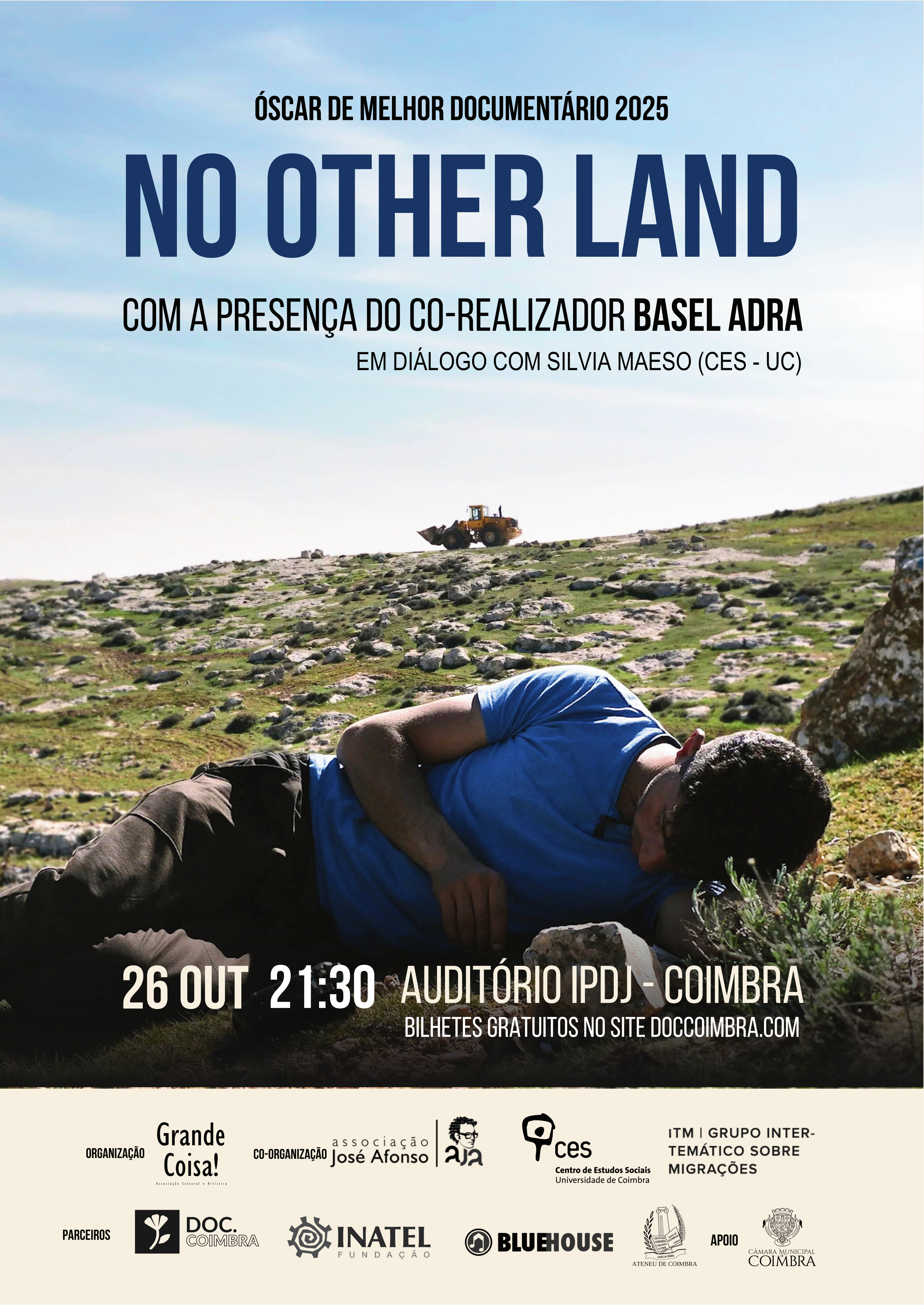 <em>No Other Land</em>&nbsp;de Basel Adra, Yuval Abraham, Hamdan Ballal e&nbsp;Rachel Szor. Conta com a presen&ccedil;a de Basel Adra<span id="edit_50292"><script>$(function() { $('#edit_50292').load( "/myces/user/editobj.php?tipo=evento&id=50292" ); });</script></span>